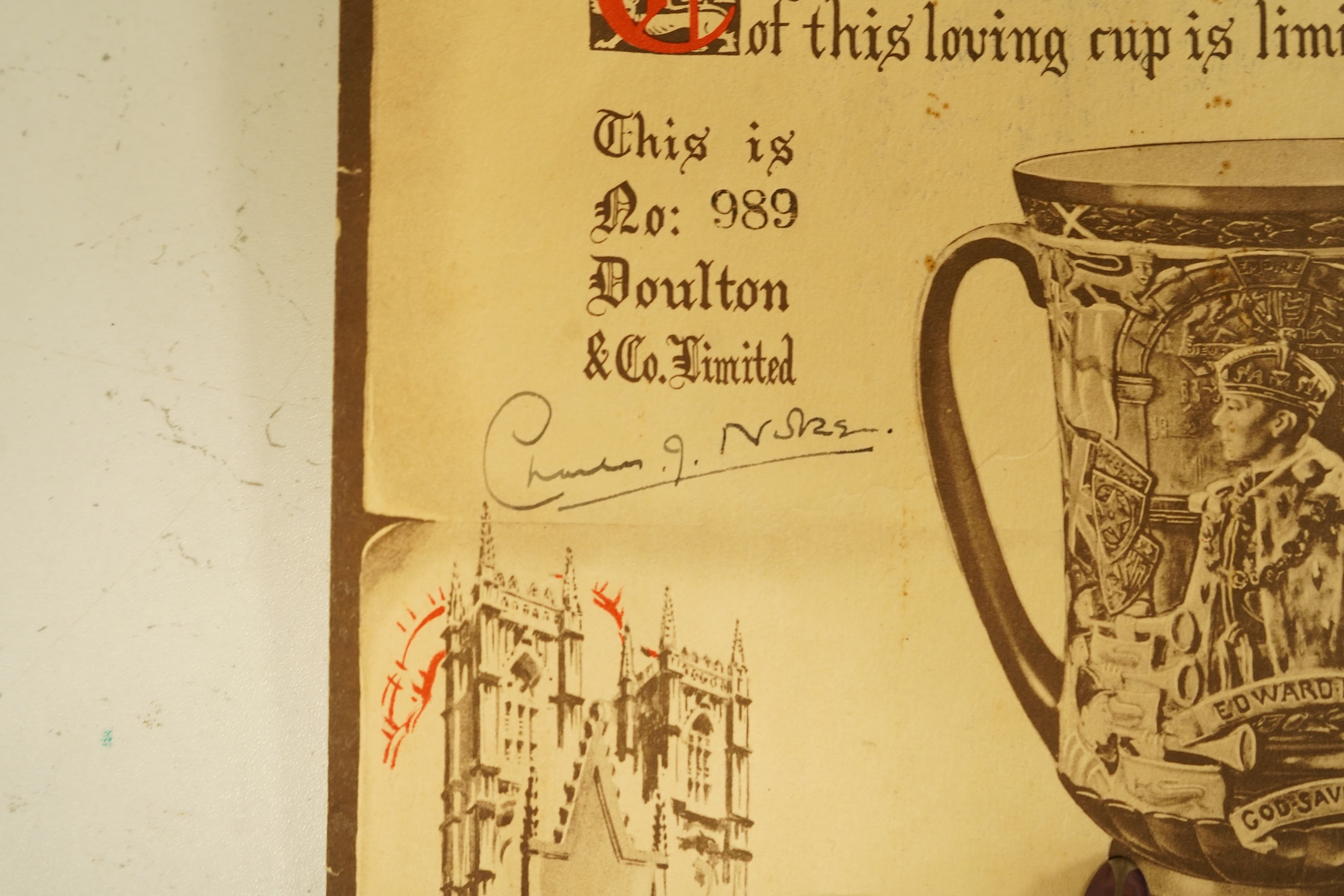 A Royal Doulton Edward VIII commemorative loving cup by Noke, limited edition 989/2000, with certificate, 26cm high